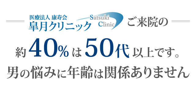 医療法人 康寿会皐月クリニックご来院の約40%は50代以上です。男の悩みに年齢は関係ありません